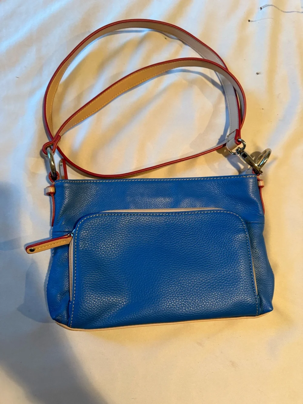 Tignanello Blue Leather Shoulder Bag with Cream Trim and Red Edging